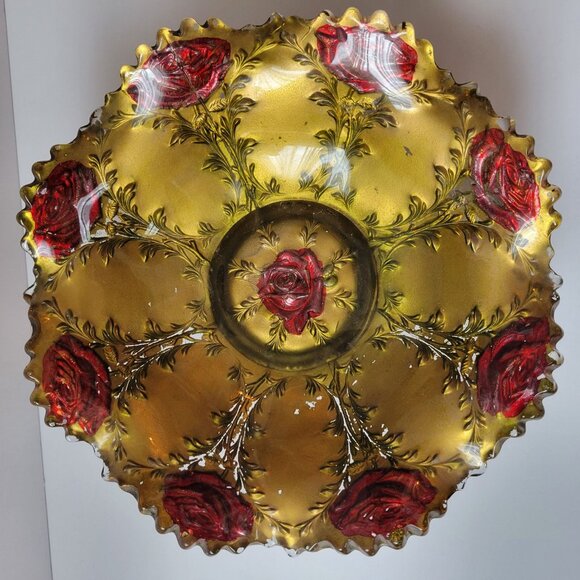 Elegant Vintage Embossed Glass Bowl With Red Roses & Scalloped Edge - Picture 2 of 11
